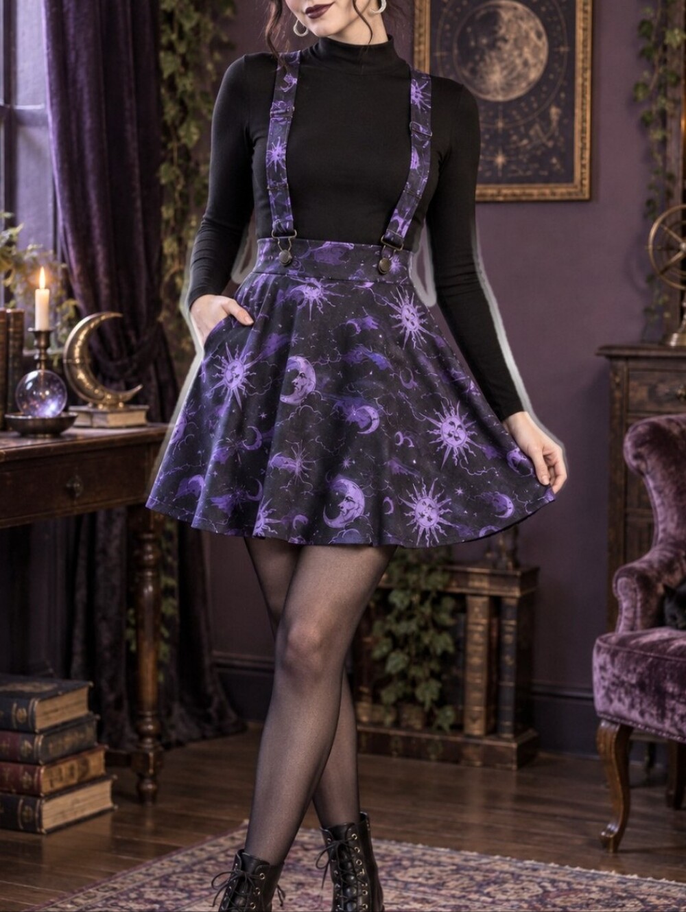 Hot Topic Celestial Suspender Skirt XS Purple Sun Moon Whimsygoth Pockets